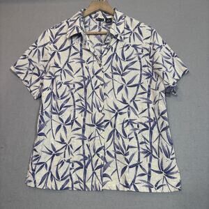 NorthCrest Womens Linen Blend Shirt‎ XL Purple Leaf Button Tropical Cottagecore